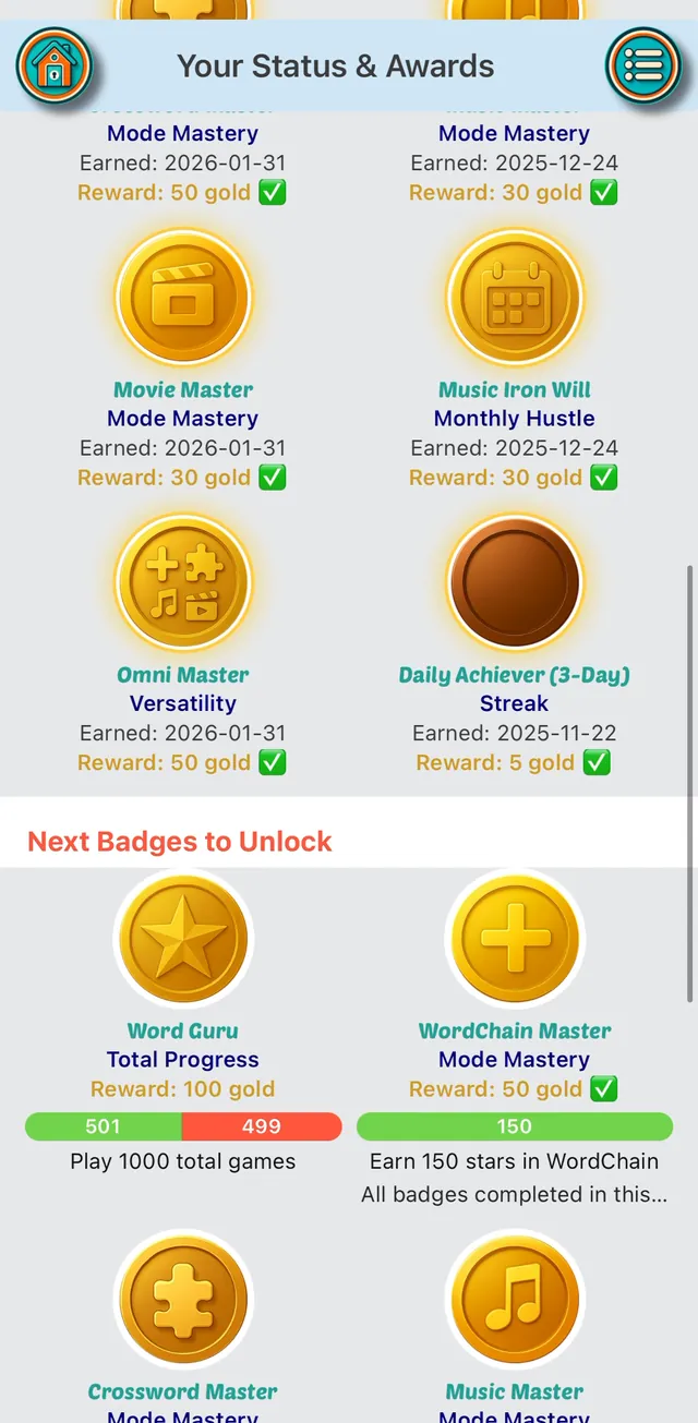 Status and awards screen showing earned badges